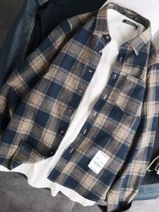 Loose Plaid Long Sleeve Mens Shirt Student Style Korean Trend Spring New College Hong Kong Flavor Couple Casual Standard Fit