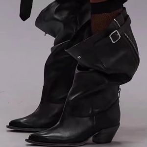 Knee High American Western Cowboy Boot Big Tube Circumference Pile Style Boots Increased Genuine Leather Retro Pointed Toe Knight Boots Female Chunky Heel Shoes