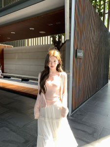 Chen DaYu Womens Lace Trim Knitted Cardigan And Tank Top Two-Piece Set Thin Outerwear Pink Long Sleeve round Neck Short Style