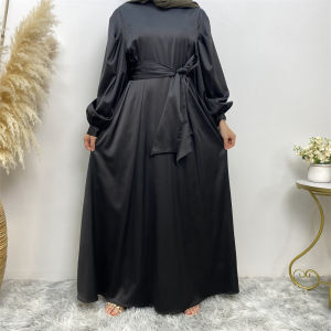 Fashion Womens Muslim Dress Hijab Arabic Pleated Abaya Dubai Balloon Sleeve with Ribbon Islamic Dress With belt wy1589