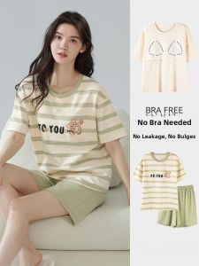 Miiow | Pure Cotton Womens Sleepwear Set With Chest Pad Summer 2025 Short Sleeve Shorts Two-Piece Set Can Be Worn Outside Home Clothes