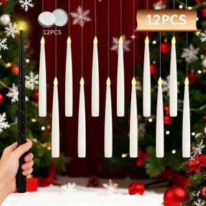 12pcs LED Floating Candles with Magic Wand Flameless Flying Candle Flickering Burning Candles for Wedding Holiday Christmas Decoration