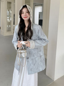 Lace Patchwork Hooded Womens Blazer Jacket 2025 Spring New Style Long Sleeve Polyester Fabric Commute Style Regular Length