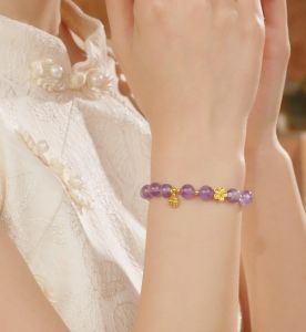 ZHOU LIU FU 周六福 สร้อยข้อมือ S925 Sterling Silver Amethyst Bracelet Peach Blossom Fortune Card 18K Gold Plated Bracelets 17CM J1916189