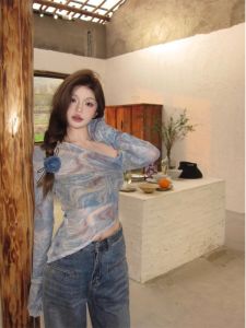 Áo Thun Dài Tay Phong Cách Mỹ Cổ Điển Mùa Hè Cho Nữ Áo Thun Dệt Kim Mỏng Không Đều Thắt Nơ Thiết Kế Ôm Vừa Vặn Áo Thun Cotton Thường Ngày