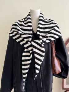 Womens Wool Blend Knitted Triangle Scarf Fashionable Stripe Atmosphere Sensation Warm Shoulder Wrap Autumn Winter Korean Style Versatile
