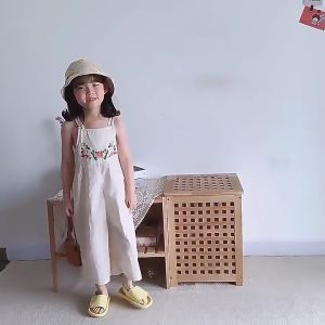 Sunday Kids Clothing Girls Jumpsuit Summer Flower Embroidered Suspenders One-piece Pants Childrens Clothing Outfits 3-7Y
