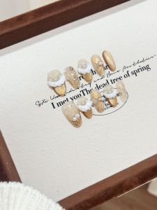 Golden Cat Eye Nail Art Wearable False Nails Glass Bead Diamond Embedded Handmade Crafted Nail Tips Elegant Gentle Color