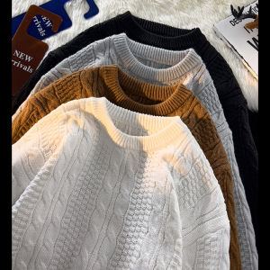 Cable-Knit Sweater Mens round Neck Autumn and Winter Fashion Brand Loose Comfortable Retro Bottoming Sweater Hong Kong Style Trendy Casual Sweater