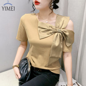 YIMEI Áo Màu Tím Ngọt Ngào Áo Thun Nữ 2023 Mùa Hè Mới Bướm Lớn Thắt Nút Hở Vai Áo Thun Nữ Cotton Dáng Ôm Cá Tính Đẹp