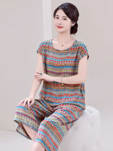ชุดนอนผ้าไหมฝ้ายผสมผู้หญิง แขนสั้น ฤดูร้อน ชุดนอนสองชิ้น ชุดอยู่บ้าน ผ้าฝ้ายเทียม ไซส์ใหญ่ ชุดนอนสบาย ๆ สำหรับคุณแม่