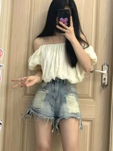 High Waist Denim Shorts Womens Summer Slimming Design Hot Girl A-Line Wide Leg Jeans Shorts Distressed Frayed High Waist