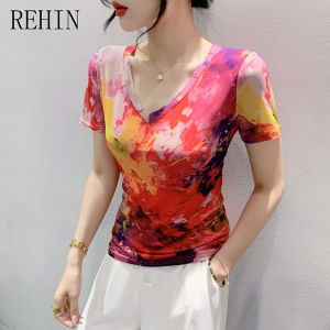 REHIN Summer Fashion Mesh Printed Short Sleeve V-neck T-shirt Slimming S-3XL Trendy Women Blouse