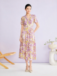 YINER | V-neck Silk Printed Dress