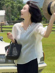 YUFUQING | Elegant Embroidered Womens Shirt Summer New Style Loose Fit Silk Mulberry French Style Petite Shirt Heavy Work Cotton Blend