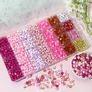 300/840pcs Pink Red & White Golden Letter & Heart Acrylic Beads Set - Jewelry Making Kit for DIY Bracelets Necklaces