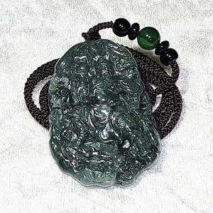 Premium Type A Jadeite greenish Guan Gong with Guandao Seal and Dragon pendant (with certificate) 优质翡翠御龙关公持大关刀捧印玺玉吊坠(带证书)