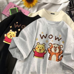 New Heavyweight Pure Cotton American Retro Short Sleeve T-Shirt Women Summer Cute Loose Couples Top Trendy round Neck Casual Wear