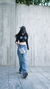 Womans high waist jeans are blue retro wide leg pants with elasticity and jacquard fabric for high comfort