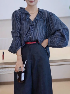 QINGNAER | Elegant French Style Design Plaid Shirt