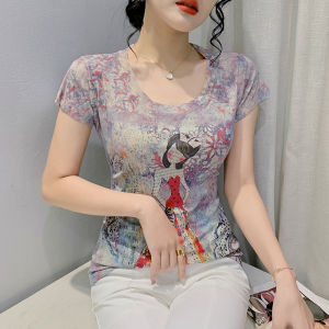 REHIN Womens top Summer new fashion unique print short-sleeved T-shirt cotton bottoming shirt S-3XL slim fit blouse