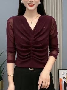 Elegant V-neck Long Sleeve Slim Fit Womens Base Shirt Autumn 2024 Fashionable Draped Breathable Elastic Diamond-Embedded Versatile