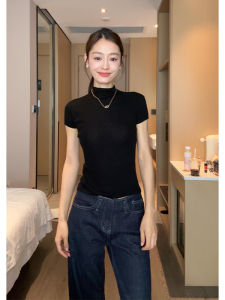 YUEZHONGWEI | Black Half-High Collar Ice Silk Knitted Short Sleeve T-Shirt Women Summer Slim Fit Short Style Small Flying Sleeve Top