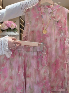 Shalldoer | Elegant Floral Print Two-Piece Set Without Sleeves Chinese Style Button Design Short Pants Anti-Aging For Young Women Summer