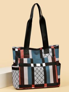 New 2025 Womens Oxford Cloth Nylon Tote Bag Printed Large Capacity Color Block Single Shoulder Bag Simple Handbag City Style