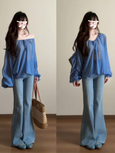 LIRENQING | French Style Blue Off-Shoulder Loose Blouse