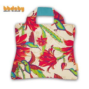 กระเป๋าช้อปปิ้งเป็นมิตรกับสิ่งแวดล้อมพับได้แฟชั่นลายดอกสีแดงลายนกถุงช้อปปิ้งถุงหิ้วกระเป๋าสะพายไหล่ถุงเก็บของกระเป๋าผ้าถุงของขวัญ