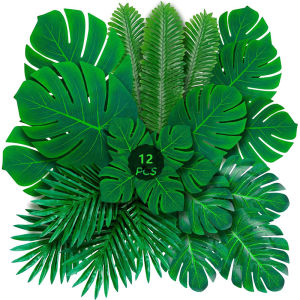 6/12Pcs Artificial Palm Leaves Green Artificial Silk Turtle Leaves for Hawaii Banquet Table Decor Wedding Theme Party Decoration