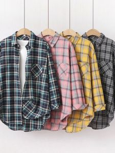 Áo Sơ Mi Kẻ Caro Dài Tay Rộng Rãi Cổ Điển Áo Thun Nữ Mùa Xuân Thường Ngày Không Có Thương Hiệu Tay Ngắn Không Có Mũ