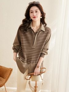 เสื้อเชิ้ตคอโปโลผู้หญิงทรงหลวมสไตล์เกาหลี แขนยาว ปกติ ฤดูใบไม้ร่วง 2024 ลายทาง แจ็คเก็ตแบบสวมหัว