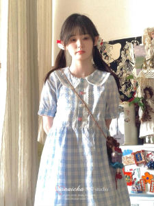 Sweet College Style Blue Plaid Doll Collar Dress Womens Summer New Arrival Small Loose Lace Princess Dress