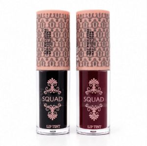 SQUAD Lip Tints with decorative caps in shades of burgundy wine cherry and mocha. Buy 1 Get 1 Free offer.