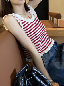 Retro Hong Kong Style Striped Knitted Mini Strap Vest Womens Spring Summer Design Elegant Pure Desire Top Wood Grain Edge