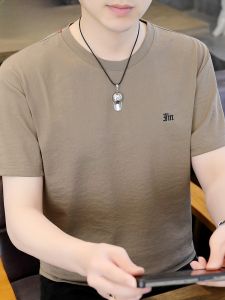 HENGYUANXIANG | Hengyuanxiang Mens Short Sleeve T-shirt Ice Silk Round Neck Cotton Linen Summer Fashionable Thin Top Youth Active Style Loose Fit