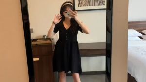 Korean Knitted Dress For Woman Plain Color V-neck Casual Dress Button-down Combo One-piece Dress Fashion L4025