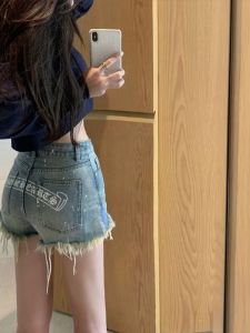 Quần Short Denim Mỏng Lưng Cao Cho Nữ In Chữ Và Phong Cách Đường Phố Cao Cấp Americana Bộ Sưu Tập Màu Xanh Độ Dày Thông Thường