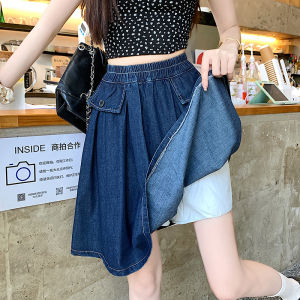 High Waist Cotton Denim Skirt for Women Plus Size Loose Fit Waistband Adjustable Slimming Design Mid-Length Workwear