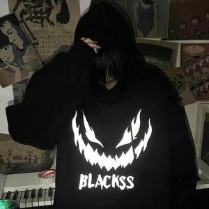 Trendy Devil Face 3M Reflective Hooded Jacket Mens Fleece Lined Sweatshirt Streetwear Dark Style Autumn Winter BF Coat