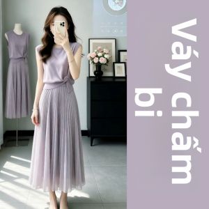 AICAILIN | Đầm Tím Xếp Ly Cổ Tròn Thắt Dây eo Phong Cách Pháp Sang Trọng