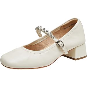 Coarse Heel Mary Jane Casual White Leather Single Shoes