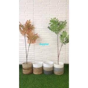 Pohon Artificial Daun Willow X2 Merah & Hijau Semilatex Cover Pot Anyaman Seagrass Variasi Warna Dekorasi Apartemen