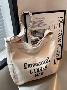 Summer 2024 Casual Korean Style Womens Bag Simple Canvas Tote Shoulder Handbag Letter Print Versatile Crossbody Bag