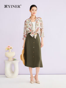 YINER | Elegant Turn-down Collar Artistic Print Silk Shirt