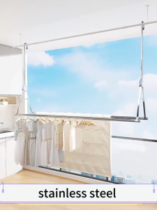 SPACEMADER Retractable Stainless Foldable Clothes Rack Hanger Drying Rack With Stainless Clothes HookDouble Pole Double Pole Balcony Laundry Rack