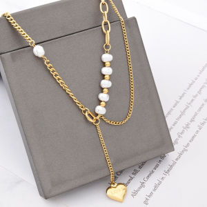 Pearl Clavicle Chain with Titanium Steel 3D Love Heart Pendant Mixed Chain Geometric Pearl Fashion Necklace
