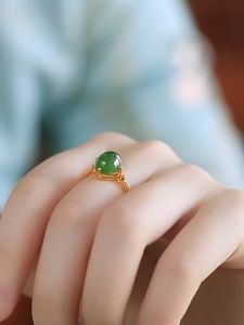 18K Saudi Gold Pawnable Natural Hotan Jade Opal Ring with Adjustable Opening